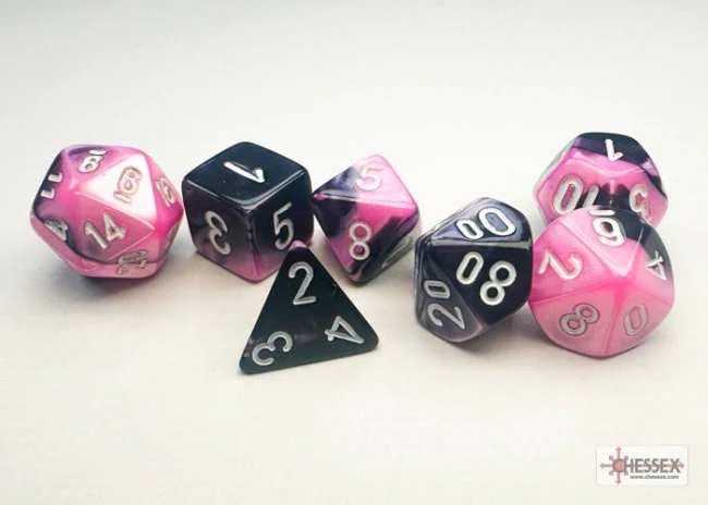 Chessex Gemini Mini-hedral Black-Pink/white 7-Die Set (black light reactive) - Image 2