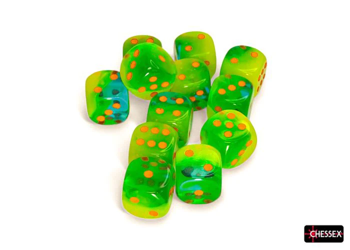 CHX 26670 Gemini Plasma Green-Teal/orange Luminary 16mm d6 Dice Block (12 dice) - Image 3