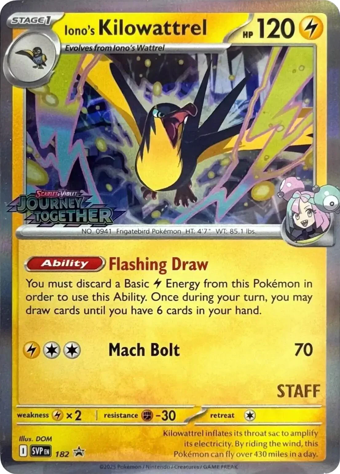 Iono's Kilowattrel (182) (Prerelease Staff) [Scarlet & Violet: Black Star Promos]